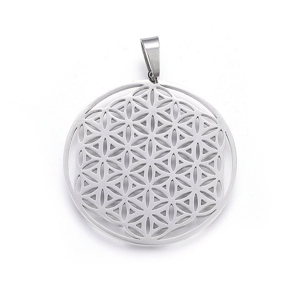 

PandaHall 304 Stainless Steel Pendants, Spiritual Charms, Flat Round with Flower of Life/Sacred Geometry, Stainless Steel Color, 42x39x1.2mm...