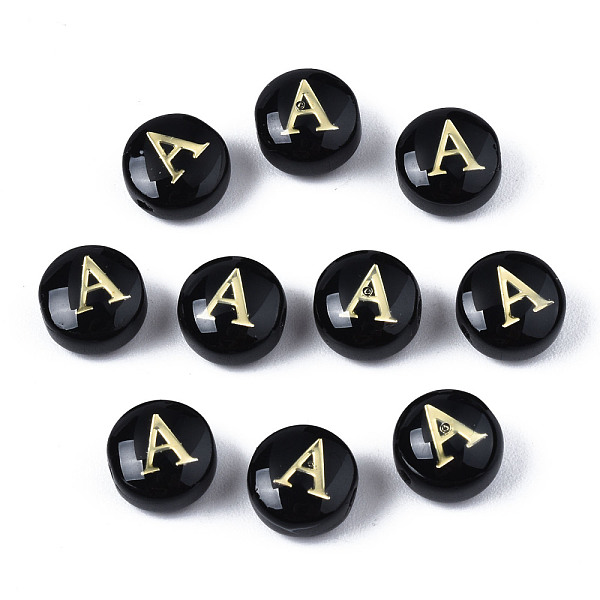 

PandaHall Handmade Lampwork Beads, with Golden Plated Brass Etched Metal Embellishments, Flat Round with Alphabet, Letter.A, 8x5mm, Hole..., Black