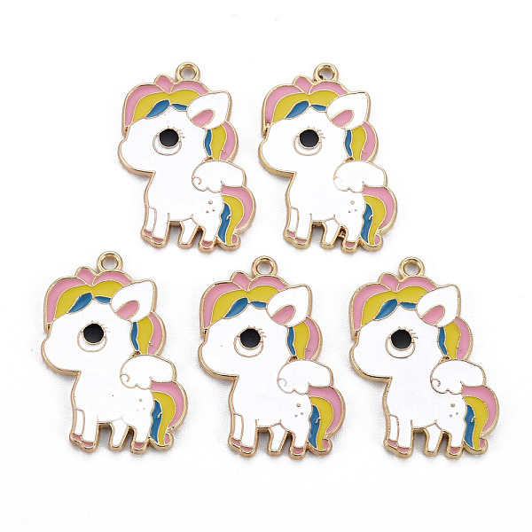 

PandaHall Rack Plating Alloy Enamel Pendants, Cadmium Free & Nickel Free & Lead Free, Unicorn, Light Gold, White, 33x24x1mm, Hole: 2mm...