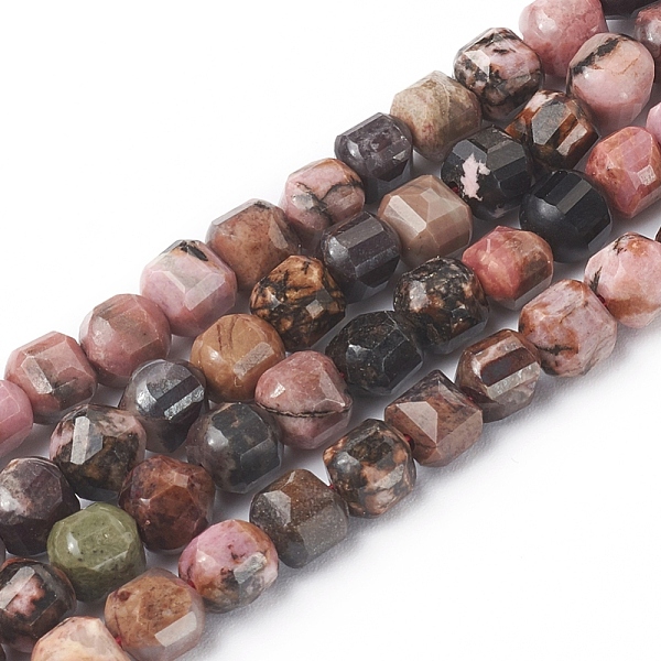 PandaHall Natural Rhodonite Beads Strands, Faceted, Cube, 6~6.5x6~6.5x6.5mm, Hole: 1mm, about 62pcs/strand, 14.8 inch(37.6cm) Rhodonite Cube
