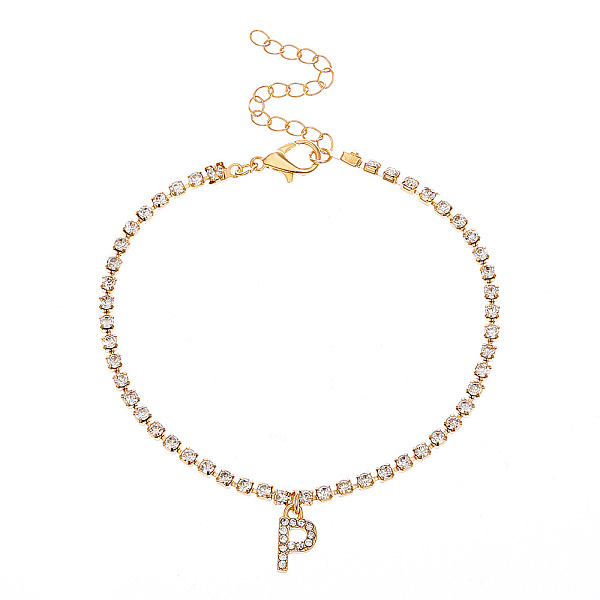 

PandaHall Fashionable and Creative Rhinestone Anklet Bracelets, English Letter P Hip-hop Creative Beach Anklet for Women, Golden Alloy