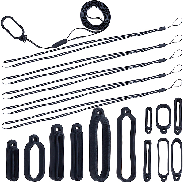 

PandaHall CRASPIRE 65Pcs 6 Size Anti-Lost Lanyard Set with 5Pcs Lanyards Strap Pendant Necklace 60Pcs Silicone Rubber Rings Adjustable..., Black