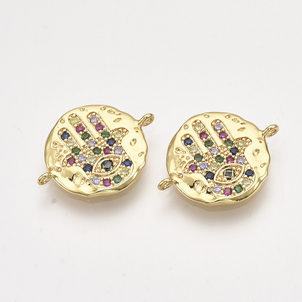 

PandaHall Brass Micro Pave Cubic Zirconia Links, Flat Round with Hamsa Hand/Hand of Fatima /Hand of Miriam, Golden, Colorful, 16.5x21x2.5mm...