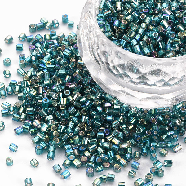 

PandaHall Glass Bugle Beads, Silver Lined Colours Rainbow, Teal, 2.5~3x2mm, Hole: 0.9mm, about 15000pcs/pound Glass Cyan