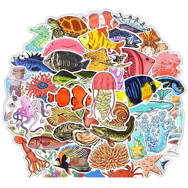 

PandaHall 50Pcs PVC Self-Adhesive Cartoon Stickers, Waterproof Decals for Party Decorative Presents, Kid's Art Craft, Fish, 50~100mm Plastic...