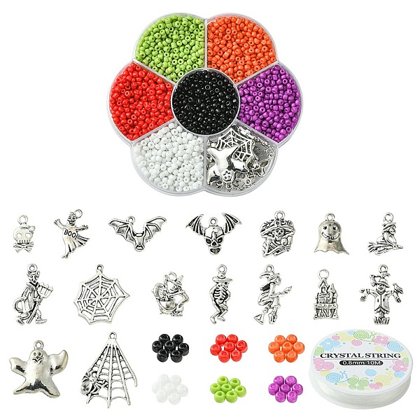 

PandaHall Halloween Theme DIY Bracelet Making Kit, Including Glass Seed Beads, Alloy Pendants, Elastic Thread, Mixed Color, 2013Pcs/set..., Multicolor
