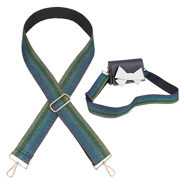 

PandaHall Stripe Pattern Glittered Polyester Adjustable Webbing Bag Straps, with Alloy Swivel Clasps, Dark Green, 78~144x5cm Polyester