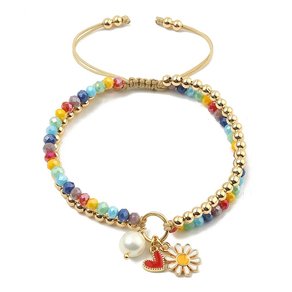 

PandaHall Heart & Daisy Enamel Charm Bracelet with Shell Pearl, Rainbow Color Glass Braided Bead 2-Strands Bracelets, Nylon Thread...