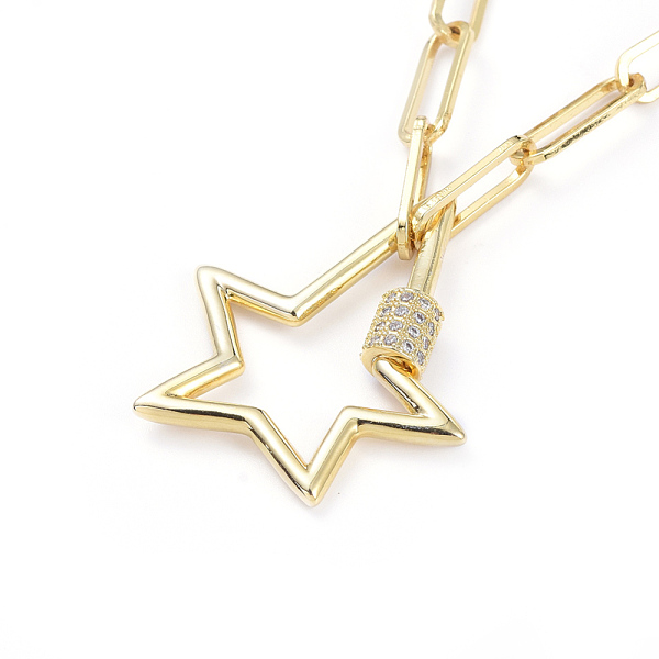 

PandaHall Brass Paperclip Chain Necklaces, with Brass Clear Cubic Zirconia Screw Carabiner Lock Charms, Star, Golden, 18.7 inch(47.5cm)...