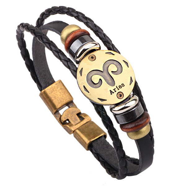 

PandaHall Braided Leather Cord Retro Multi-strand Bracelets, with Wood Beads, Hematite Beads and Alloy Findings, Flat Round, Antique Bronze..., Black