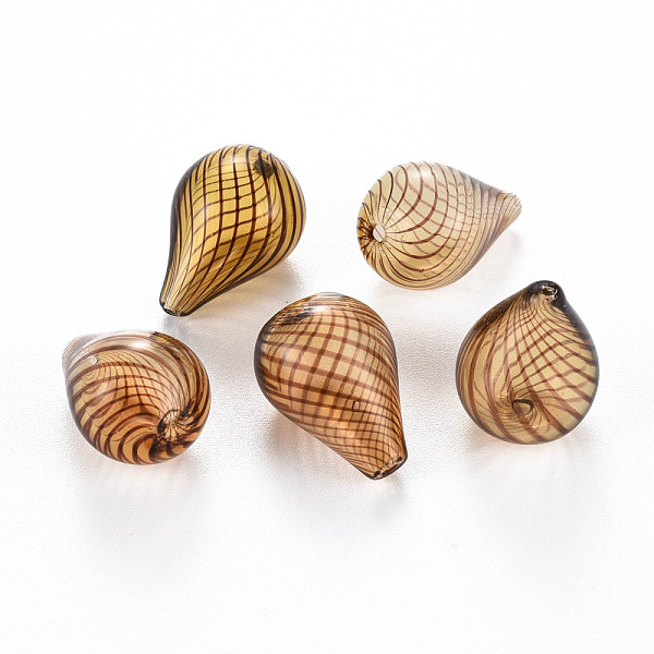 

PandaHall Transparent Handmade Blown Glass Globe Beads, Stripe Pattern, Teardrop, Peru, 20~21x14~15mm, Hole: 1~2mm Glass Teardrop Brown