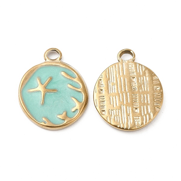 

PandaHall Vacuum Plating 201 Stainless Steel Enamel Pendants, Real 18K Gold Plated, Flat Round with Starfish Charm, Pale Turquoise...