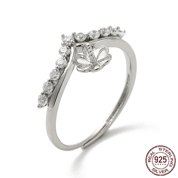 

PandaHall Rhodium Plated 925 Sterling Silver Micro Pave Cubic Zirconia Adjustable Cuff Ring Settings, for Half Drilled Beads, Flower, with..., Clear
