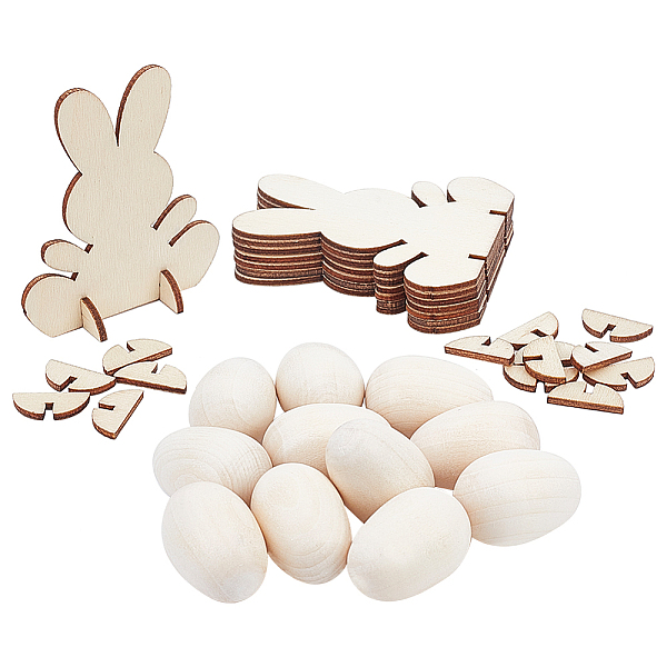 

PandaHall CHGCRAFT 10Pcs 3D Unfinished Wooden Egg Shape, for DIY Easter Egg, with 2 Bags Wooden Easter Bunny Display Decorations, Mixed..., Multicolor