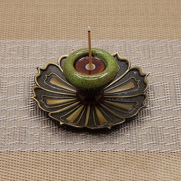 

PandaHall Porcelain Incense Burners Holder, with Alloy Flower Base, Buddhism Aromatherapy Furnace Home Decor, Olive Drab, 88x34mm Alloy...