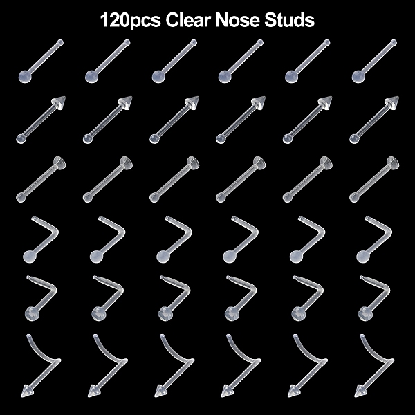 

PandaHall 120Pcs 6 Style Acrylic L-Shaped Nose Ring, Nose Bone Rings, Piercing Body Jewelry for Her, Clear, 8~11x5.5~11x2~3.5mm, Pin: 0.7mm...