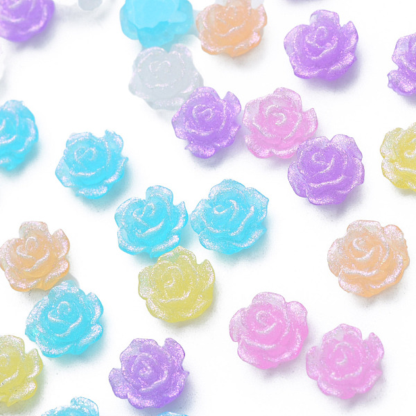 PandaHall Resin Cabochons, with Glitter Powder, Flower, Mixed Color, 7.5x8x5mm Resin Flower Multicolor
