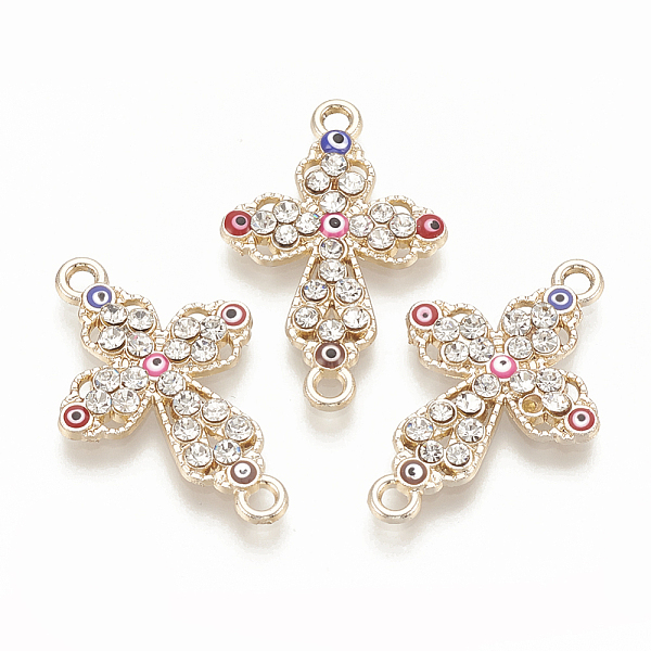 

PandaHall Alloy Rhinestone Links connectors, with Enamel, Cross with Evil Eye, Light Gold, 26.5x17x2.5mm, Hole: 1.6mm Alloy..., Clear