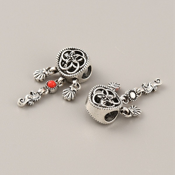 

PandaHall Tibetan Style Alloy European Dangle Charms, Large Hole Pendants, with Synthetic Turquoise Beads, Flat Round with Sea Horse and...