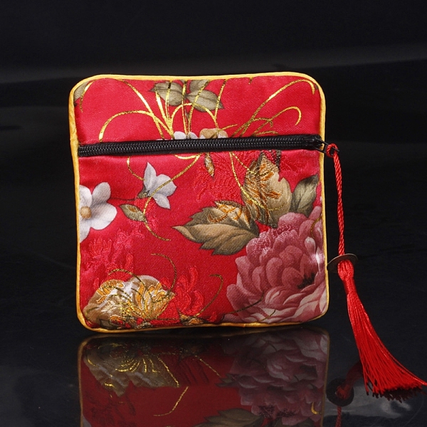 

PandaHall Square Chinese Style Cloth Tassel Bags, with Zipper, for Bracelet, Necklace, Red, 11.5x11.5cm Cloth Square Red