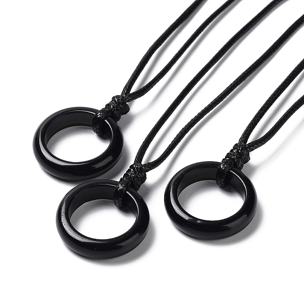 

PandaHall Natural Obsidian Ring Pendant Necklace with Waxed Cords, 29.53~29.92 inch(75~76cm), Pendant: 24x6mm Obsidian Ring