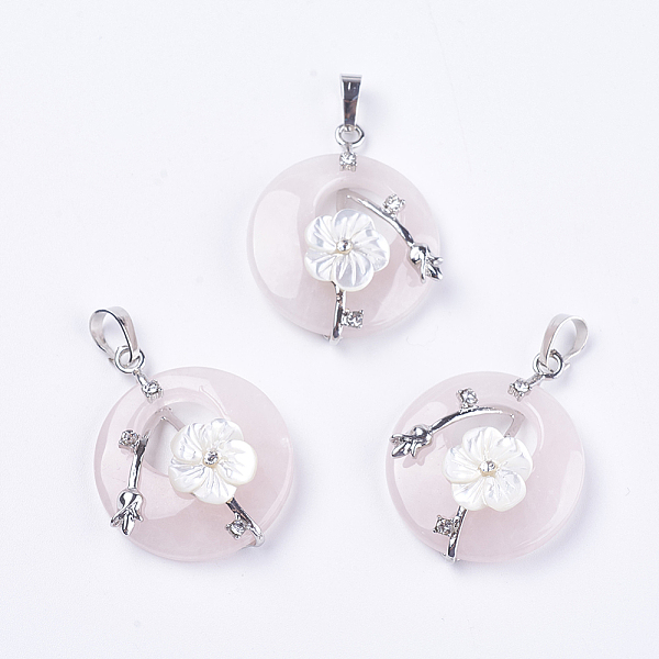 

PandaHall Natural Rose Quartz Pendants, with Shell, Rhinestone and Platinum Tone Brass Findings, Flat Round with Flower, 35.5~36x28x8mm..., Pink