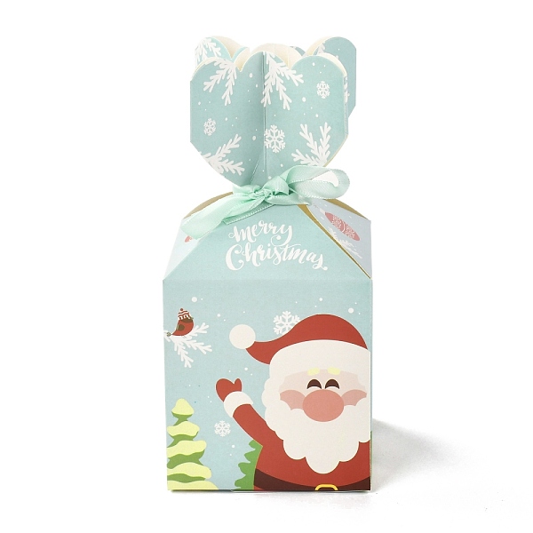 

PandaHall Christmas Theme Paper Fold Gift Boxes, with Ribbon, for Presents Candies Cookies Wrapping, Light Cyan, Santa Claus, 8.8x8.8x18cm...