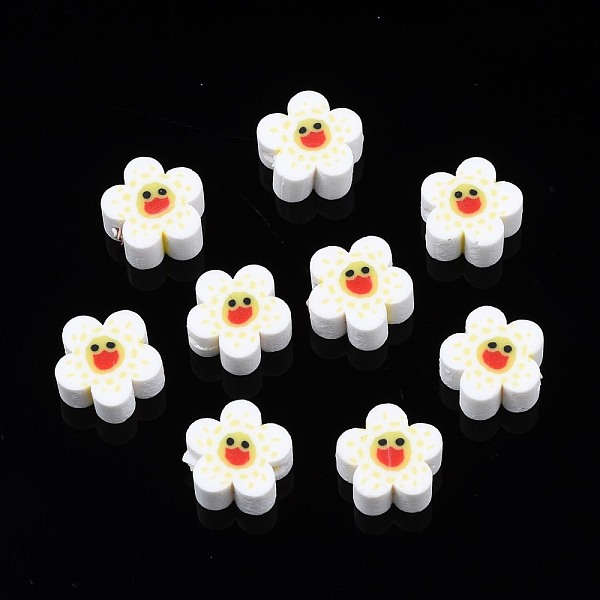 PandaHall Handmade Polymer Clay Beads, Flower with Smiling Face, White, 9~10x4mm, Hole: 1.5mm Polymer Clay Flower White