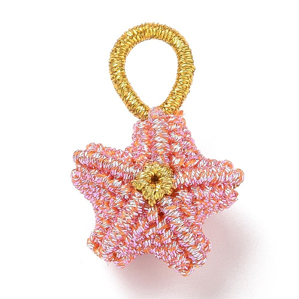 

PandaHall Woven Cotton Rope Pendant, Pentacle, Flamingo, 20x12.5x9.5~11mm, Hole: 6x5.5mm Cotton Pentagon Pink