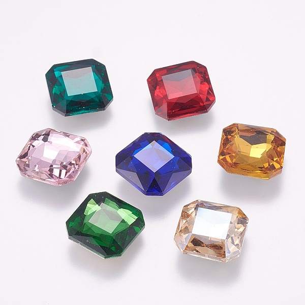 PandaHall Pointed Back Glass Rhinestone Cabochons, Faceted, Back Plated, Square, Mixed Color, 18x18x6mm Glass Rhinestone Square Multicolor