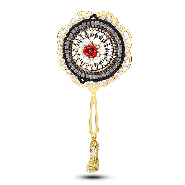 

PandaHall SHEGRACE Japanese Seed Beads Brooches, with Brass Findings and Tassels, Fan, Golden, 100x48mm Glass