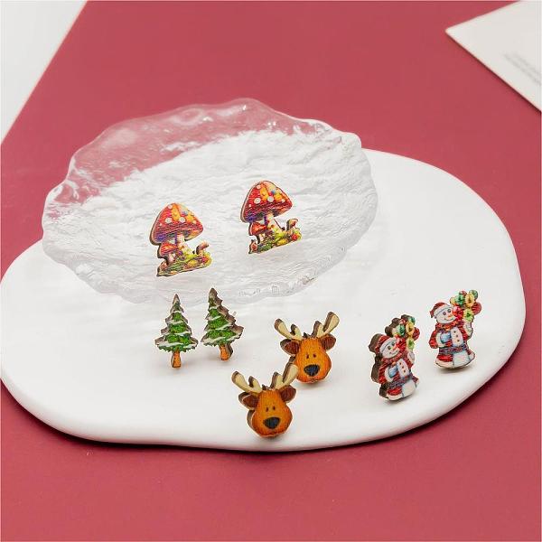 

PandaHall 4 Pairs Snowman & Christmas Tree & Deer & Mushroom Printed Wood Stud Earrings, Mixed Color, 16~17x10~17mm Wood Mixed Shapes..., Multicolor