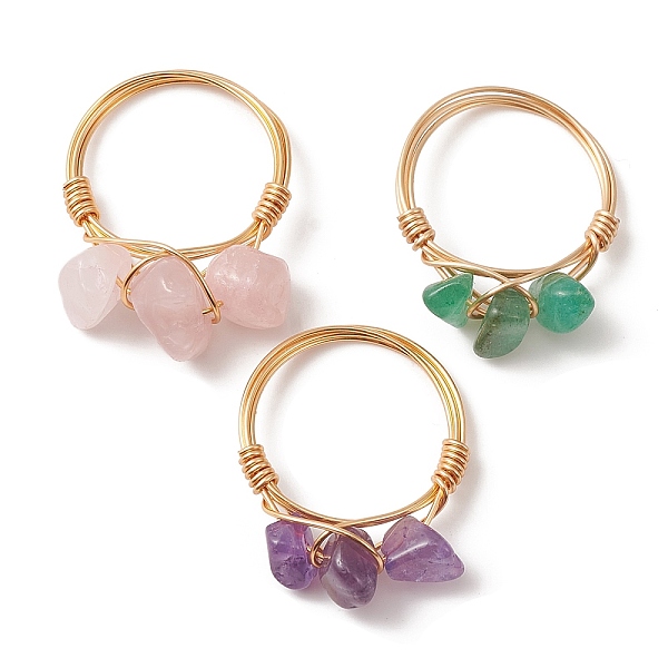 

PandaHall Natural Mixed Gemstone Chips Beaded Finger Rings, Copper Wire Wrap Jewelry, Golden, US Size 7 1/4(17.5mm) Mixed Stone