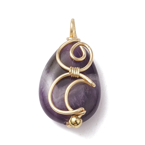 

PandaHall Natural Amethyst Copper Wire Wrapped Pendants, Teardrop Charms with Moon, Golden, 24x13x7.5~8mm, Hole: 2~2.5mm Amethyst Teardrop