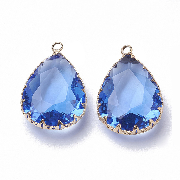 

PandaHall K9 Glass Pendants, with Golden Tone Brass Findings, Faceted, Drop, Royal Blue, 29~30x19x6~8.5mm, Hole: 2mm Brass+Glass Teardrop