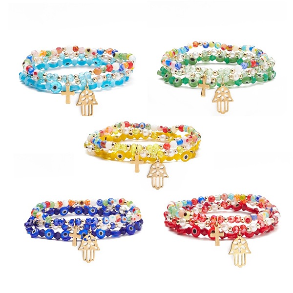 

PandaHall 3Pcs 3 Style Glass & Lampwork Evil Eye Stretch Bracelets Set, Cross & Hamsa Hand Charm Bracelets for Women, Mixed Color, Inner..., Multicolor