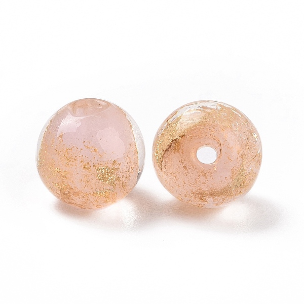 PandaHall Handmade Gold Foil Glass Beads, Round, Pink, 10x9~10mm, Hole: 1.6~2mm Gold Foil Round Pink