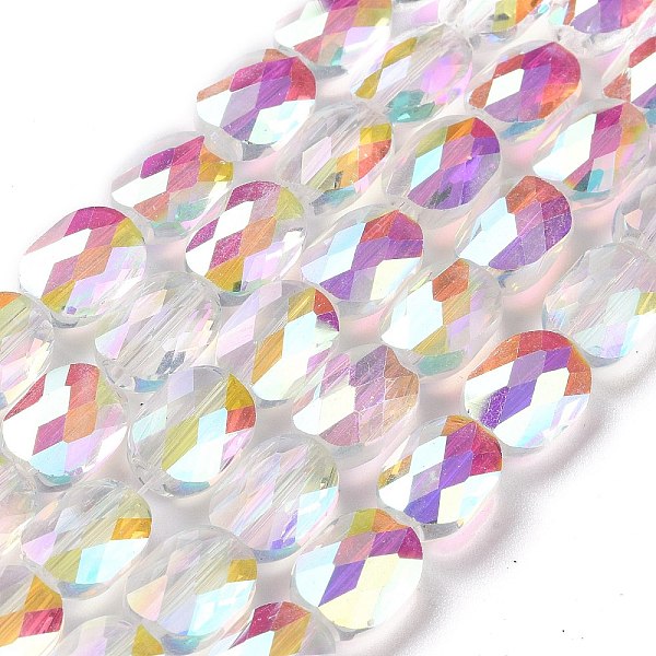 PandaHall Faceted Electroplated Transparent Glass Beads Strands, Half Rainbow Plated, Oval, Clear, 10.5x8x5mm, Hole: 1.5mm, about...
