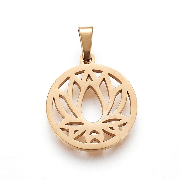 

PandaHall 304 Stainless Steel Pendants, Ring with Lotus, Golden, 19~20x16~17x1.5mm, Hole: 5x2.5mm 304 Stainless Steel Flower