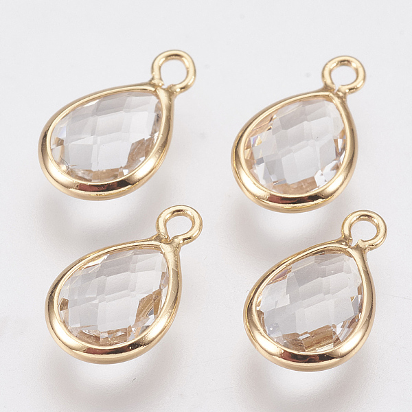 

PandaHall Glass Charms, with Brass Findings, Faceted Teardrop, Clear, Nickel Free, Real 18K Gold Plated, 12x7x3mm, Hole: 1.2mm Brass+Glass...