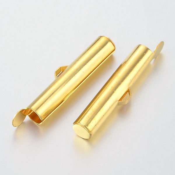 

PandaHall Brass Slide On End Clasp Tubes, Slider End Caps, Golden, 26x5mm, Hole: 1mm, Inner Diameter: 2mm Brass