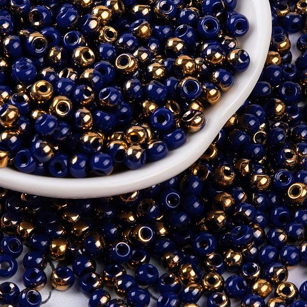 

PandaHall Glass Seed Beads, Inside Colours, Half Gilded Plated, Round, Medium Blue, 4x3mm, Hole: 1.2mm, 6428pcs/pound Glass