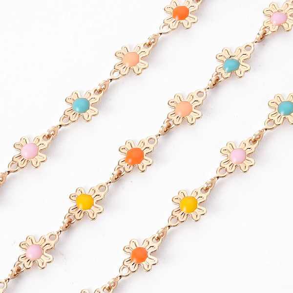 

PandaHall Handmade Brass Link Chains, with Enamel, Soldered, Spool, Flower, Real 18K Gold Plated, Colorful, 12x6x1mm, about 16.4 Feet...