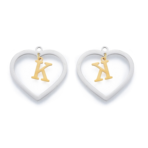 

PandaHall 201 Stainless Steel Pendants, Hollow, Heart with Letter A~Z, Real Gold Plated & Stainless Steel Color, Letter.K, 29x29.5x1mm, Hole...