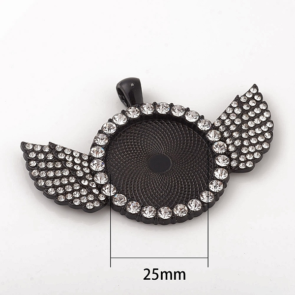 

PandaHall Alloy Pendant Cabochon Setting, with Crystal Rhinestone, Flat Round with Wing, Black Color, Tray: 25mm, 41x60x3mm, Hole: 3.5x5.5mm...