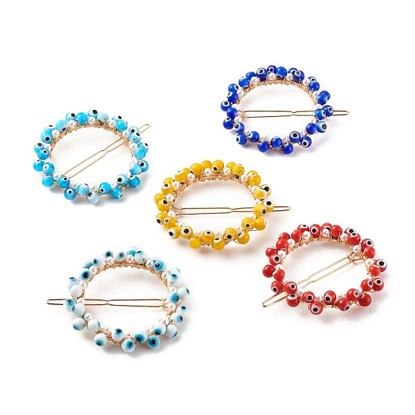 

PandaHall Alloy Hollow Hair Barrettes, with Handmade Lampwork Evil Eye Beads, Ponytail Holder Statement, with Hair Accessories for Women..., Multicolor