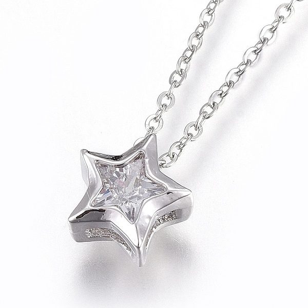 

PandaHall 304 Stainless Steel Brass Cubic Zirconia Pendant Necklaces, Star, Clear, Stainless Steel Color, 17.8 inch(45.5cm), Pendant...