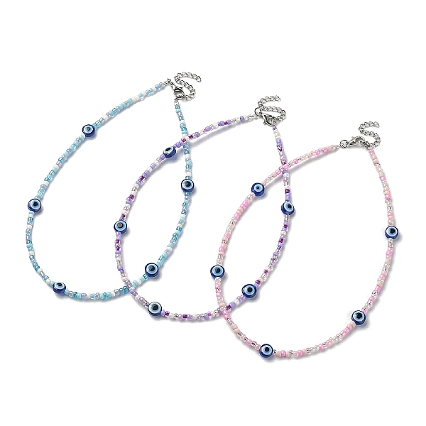 

PandaHall 3Pcs 3 Color Resin Evil Eye & Glass Beaded Necklaces Set, Mixed Color, 14.17~14.37 inch(36~36.5cm), 1Pc/color Resin Multicolor