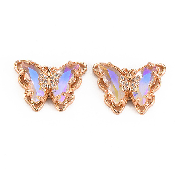 

PandaHall Electroplate Glass Pendants, with Brass Micro Pave Cubic Zirconia, Faceted, Butterfly, Light Gold, Clear AB, 15x21x6mm, Hole..., White