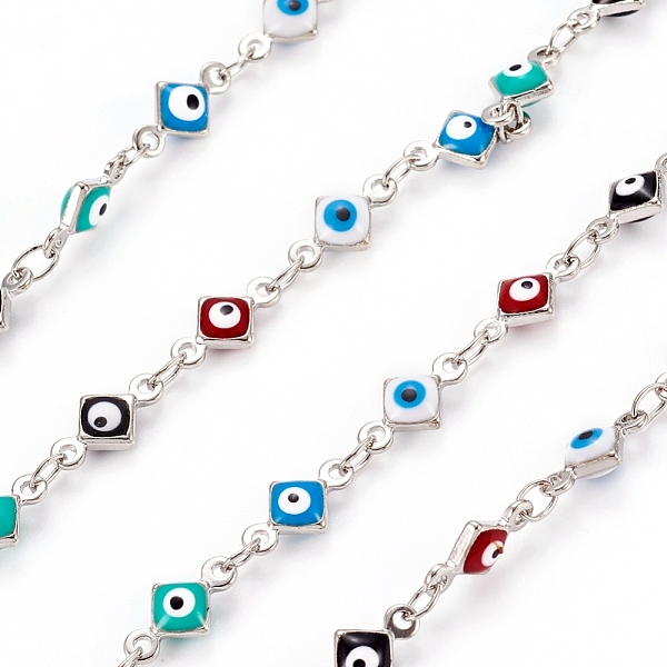 

PandaHall Handmade Evil Eye Enamel Link Chains, with Brass Findings, with Spool, Soldered, Long-Lasting Plated, Rhombus, Platinum...
